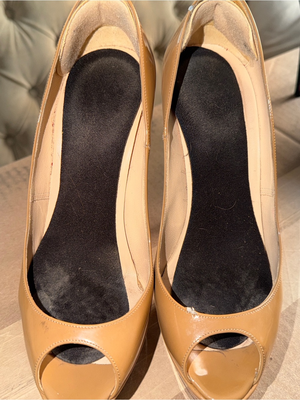 Women's Nude Patent Peep-Toe Pumps